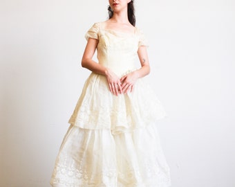 1950s Ecru Tiered Organza Embroidered Gown