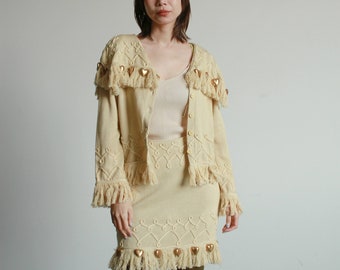 1980s Beige Knit Gold Heart Fringe Skirt Set