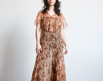 Vintage 1920s Swirl Print Silk Chiffon Dress