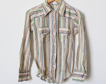 vintage 1970s indian cotton gauzy plaid madras button up shirt