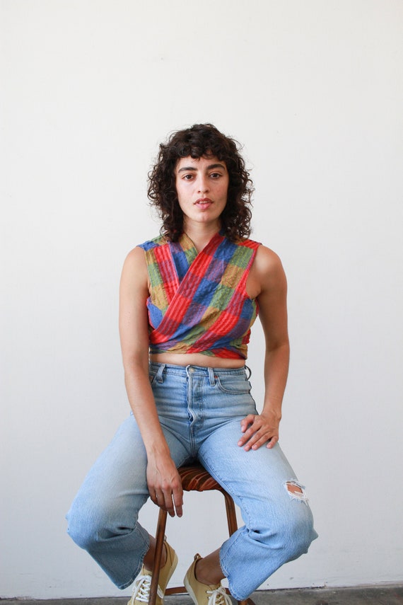 1970s deadstock cotton plaid wrap top