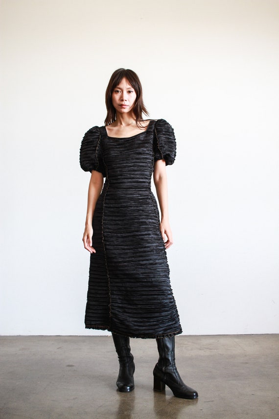 1980s Mary McFadden Black Pleated Silk Dress