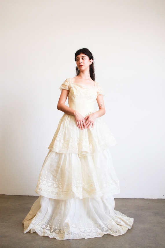 1950s Ecru Tiered Organza Embroidered Gown