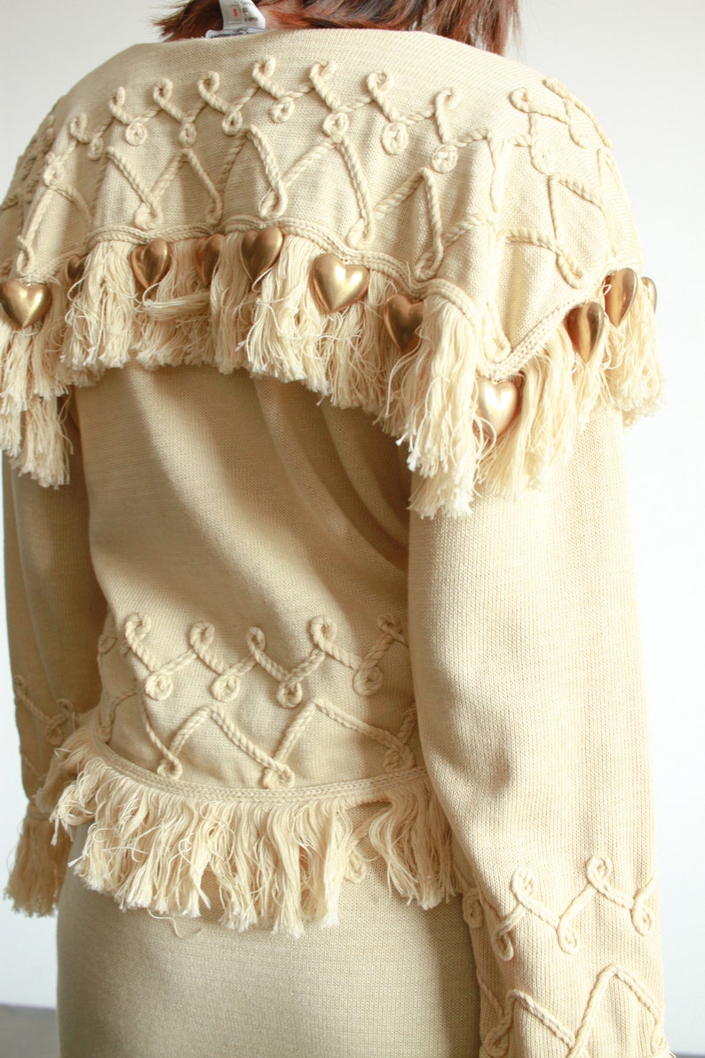 1980s Beige Knit Gold Heart Fringe Skirt Set image 6