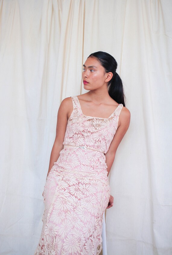 vintage 1930s art deco pale pink floral lace gown
