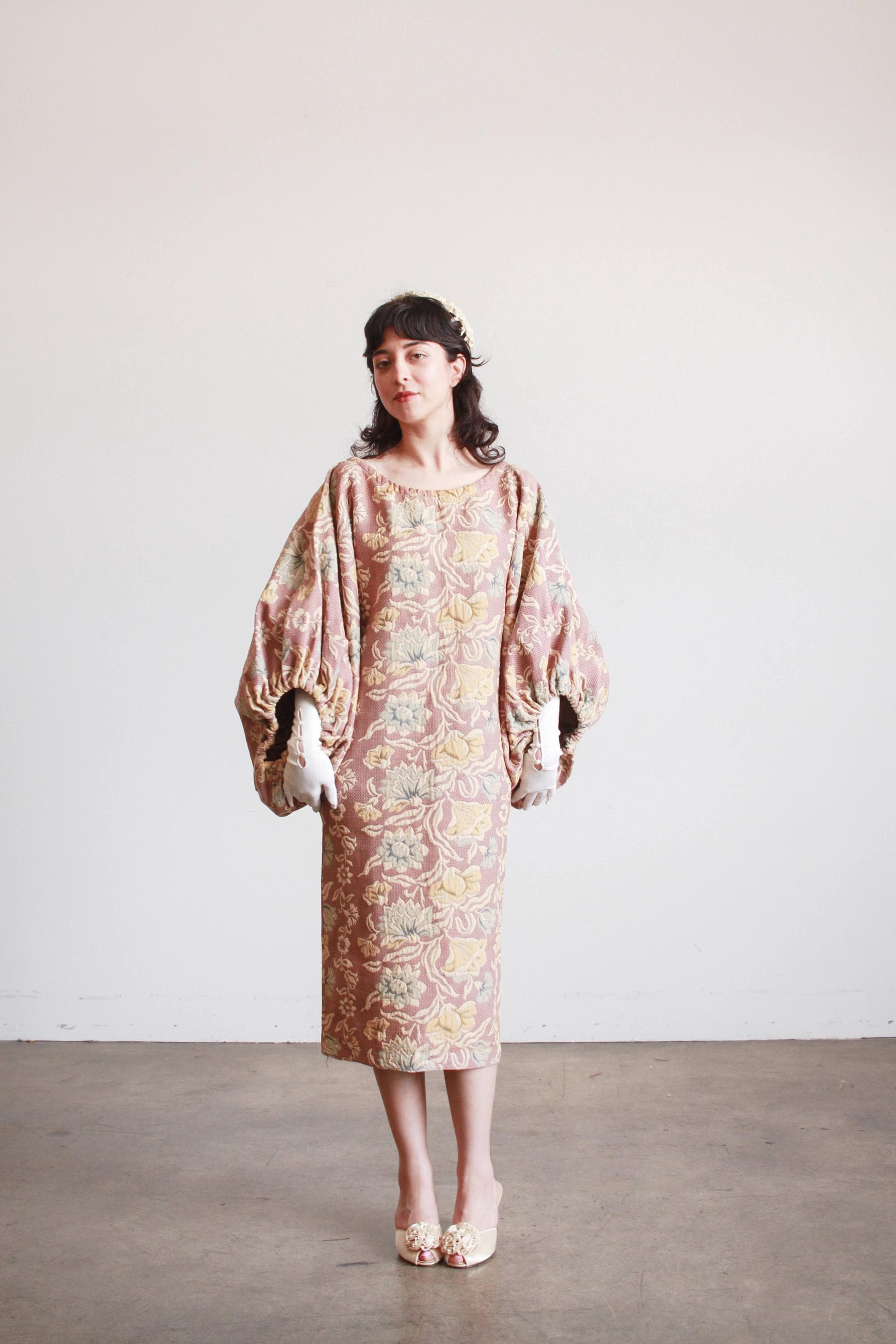 1960s Rose Floral Brocade Balloon Sleeve Dress 