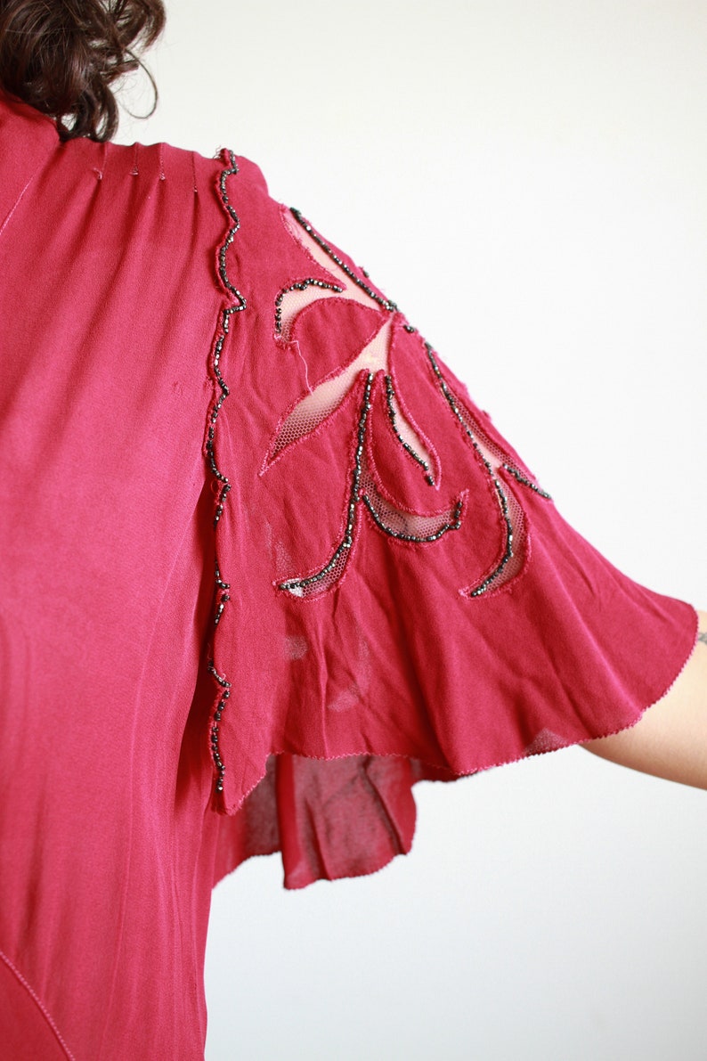 1930s Raspberry Crepe Bias Flutter Sleeve Dress image 8