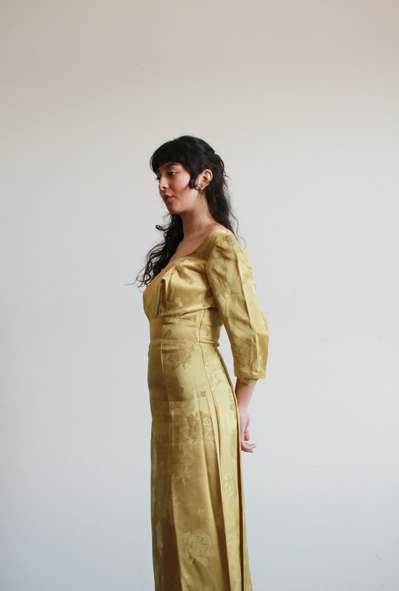 1950s Yellow Gold Damask Silk Dress - image 7