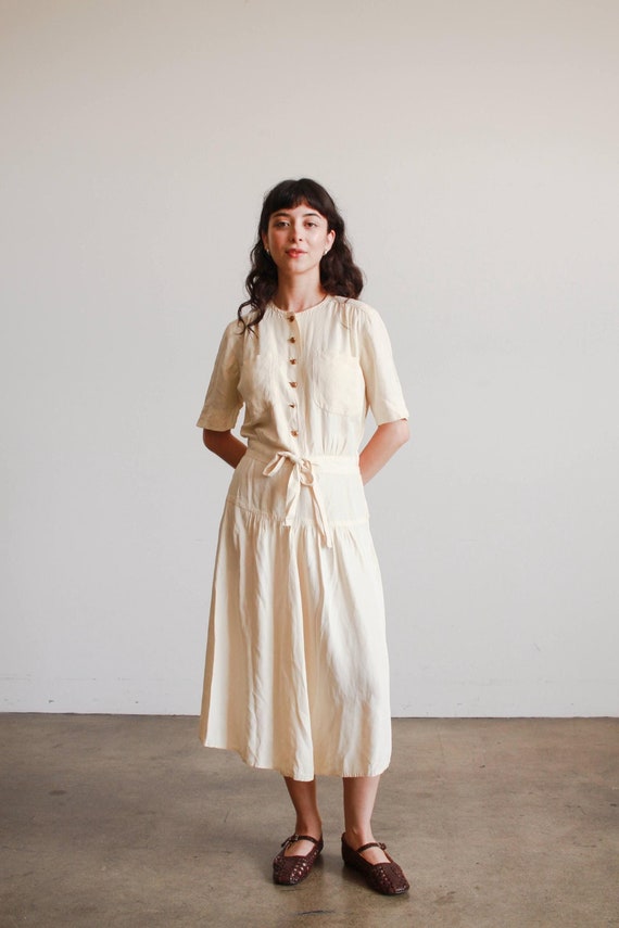 cream button front dress Day Date Denim Gold Button Down Ruched Dress in Cream Small