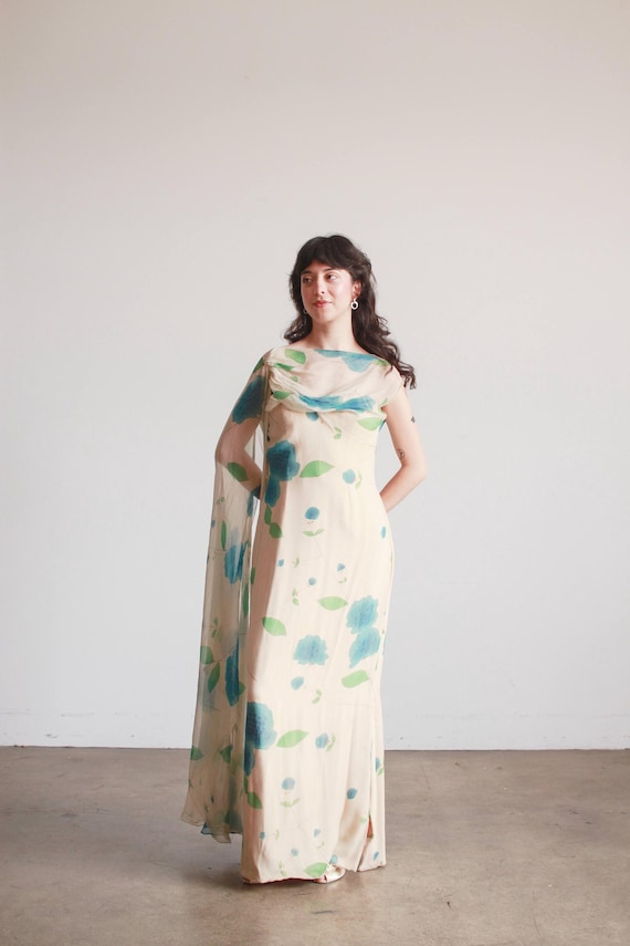 1960s Don Loper Floral Print Chiffon Cape Gown 1960s Don Loper Floral Print Chiffon Cape Gown