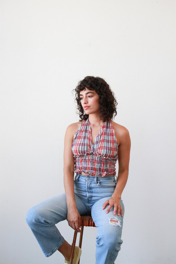 vintage 1970s deadstock gauzy plaid crop halter to