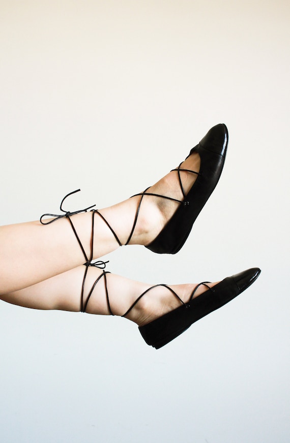 Black Lace Up Ballet Flats Gem