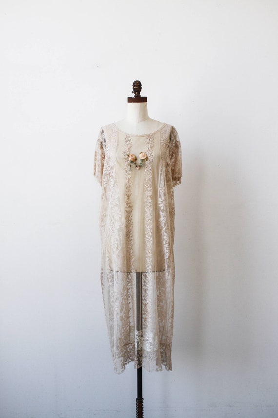 vintage 1920s ecru net lace embroidered dress