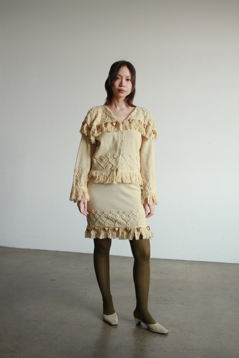 1980s Beige Knit Gold Heart Fringe Skirt Set image 2