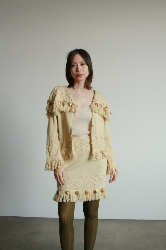 1980s Beige Knit Gold Heart Fringe Skirt Set