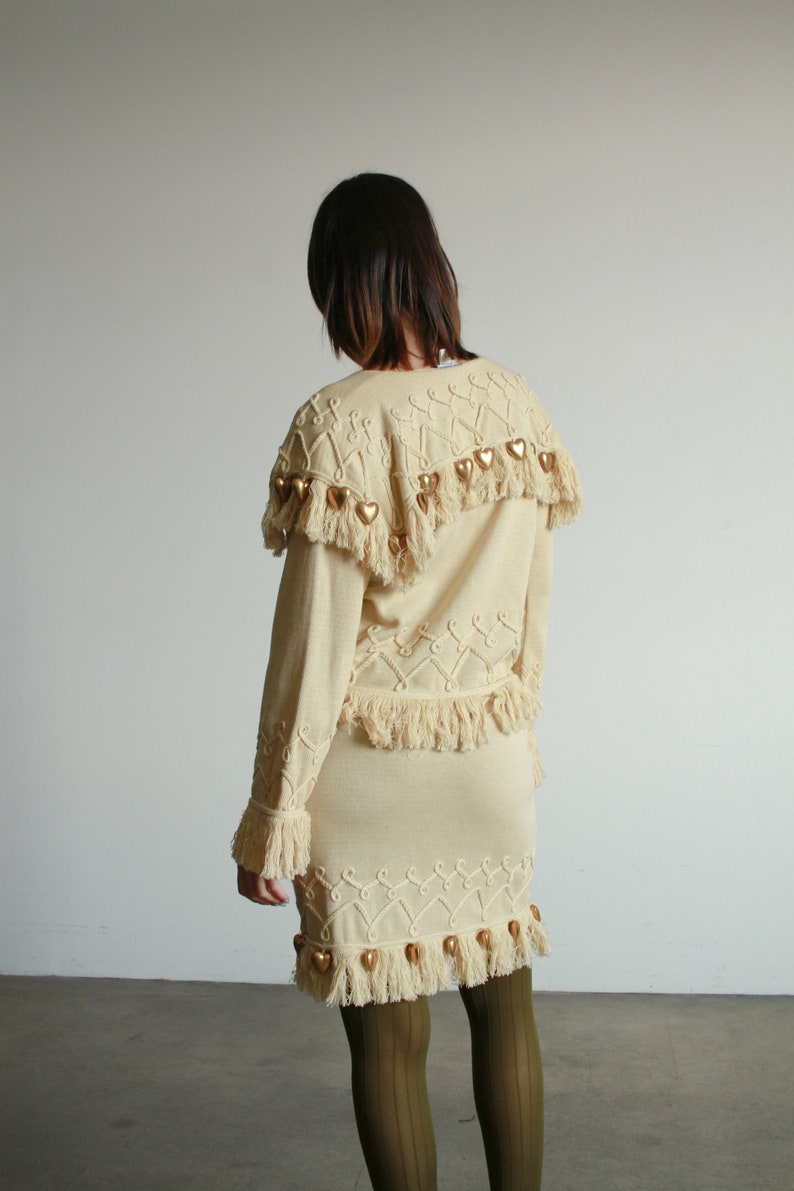 1980s Beige Knit Gold Heart Fringe Skirt Set image 5