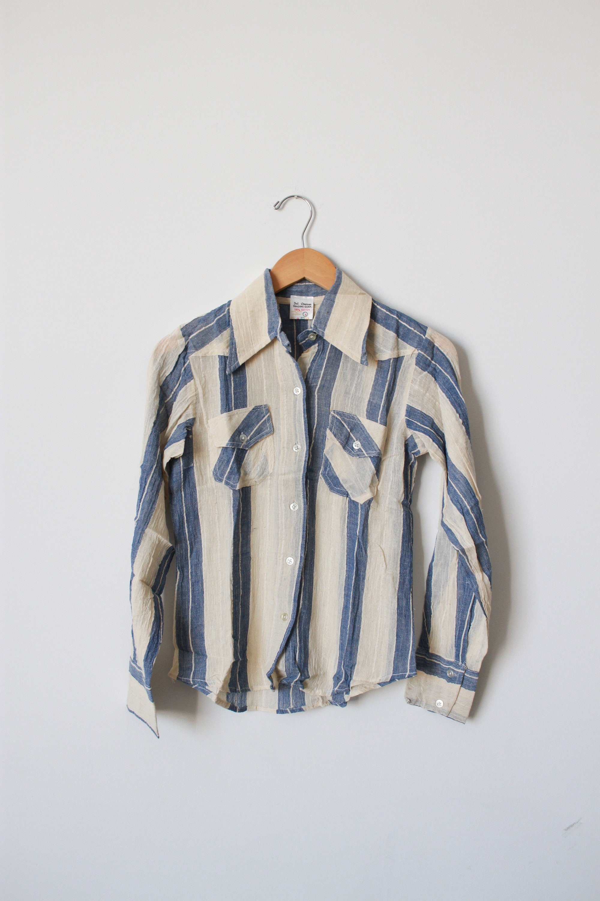 Vintage 1970s Indian Cotton Gauzy Plaid Madras Button up