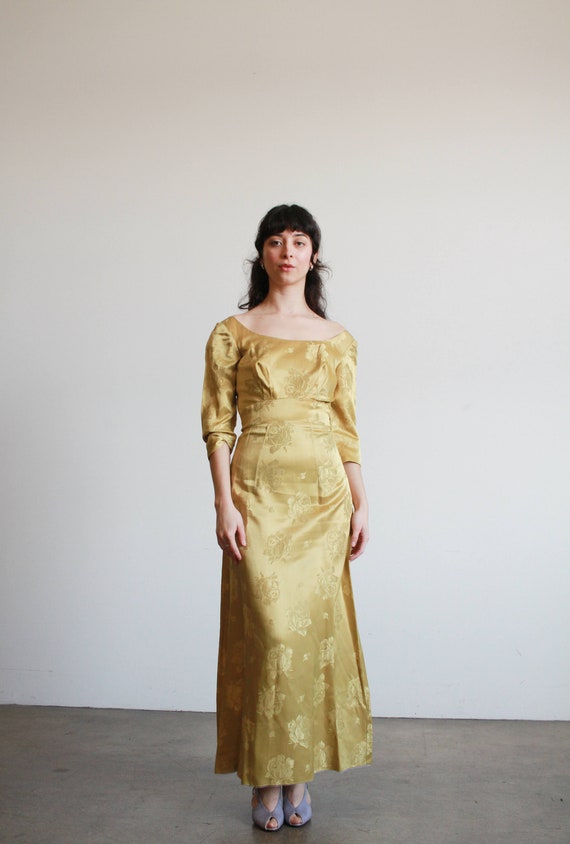 1950s Yellow Gold Damask Silk Dress - image 3