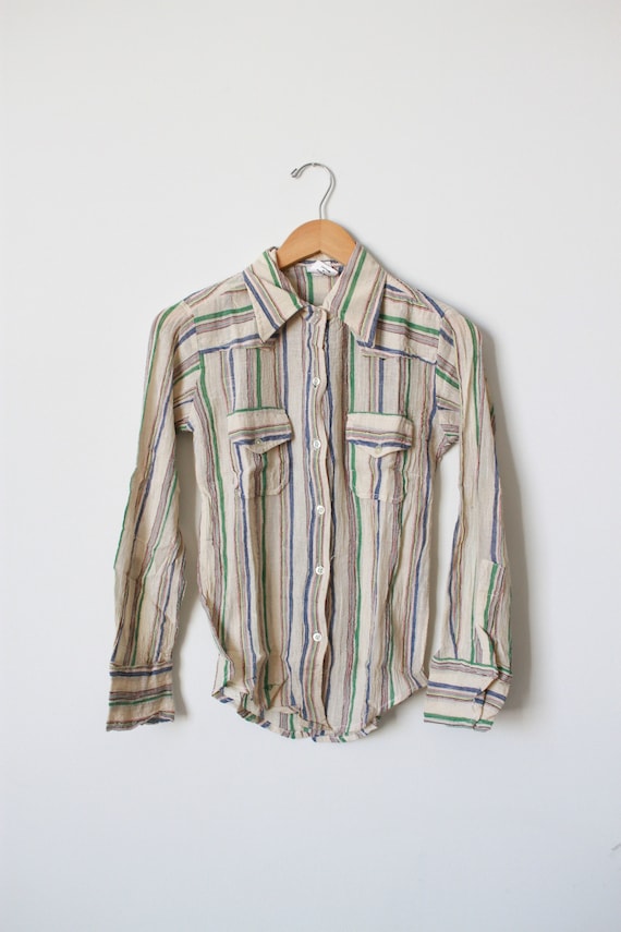 Vintage 1970s Indian Cotton Gauzy Plaid Madras Button up