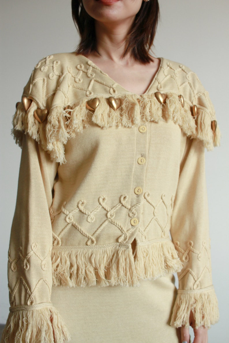 1980s Beige Knit Gold Heart Fringe Skirt Set image 3