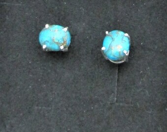 Cooper Turquoise Studs Earrings, Everyday earrings handmade Solid Sterling silver and genuine Gems. Gift for her.