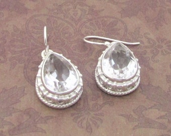 Very elegant Crystal Drops Earrings, Genuine Crystal quartz cut, Solid Sterling silver, Fancy earrings, Gift for her.