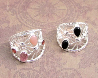 Mixed Gems Rings, Pink Opal-Tourmaline, Black Onyx -Crystal, Sterling silver Filigree style rings, Gift for her