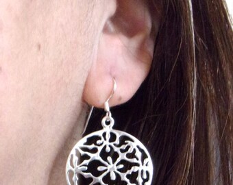 Silver Filigree Earrings: Handcrafted 925 Sterling- Round Floral 1.3" Dia x 2" Tall