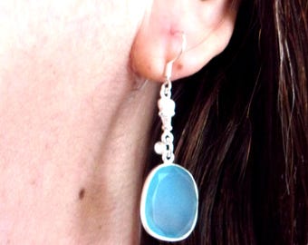 Aqua Chalcedony Hydro Glass Earrings: Organic shape-925 Sterling Silver- 2" T Drop