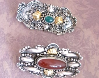 Vintage Silver Brooches, Emerald Brooch, Carnelian brooch, Genuine gems, Solid  925 sterling silver.  Gift for her.