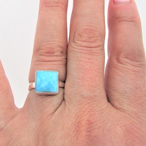 Blue-sky Arizona Turquoise Ring, Square gorgeous design, Genuine Gem, Solid 925 sterling silver. Gift for her 7 US
