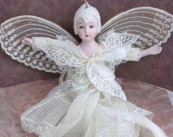 Beaded Angel Doll Victorian Porcelain Ornament, Hanging Angel, Collectible- Children room decor, Four seasons Decor. Gift for Her.