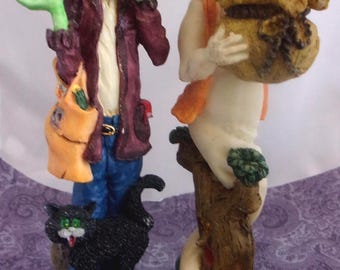 Vintage Halloween Trick or treat Pumpkin Ghost and Frankenstein Figurines- 8" tall -Pretty condition.