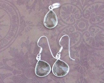 Light green Amethyst Earrings and Tear Pendant, Simple and elegant Drops, Genuine Gems-925 Sterling silver. Gift for Her.