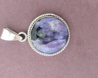 Vintage Charoite Silver Pendant, Pretty purple tones of genuine Charoite. Sterling silver Round Pendant, Gift for her.