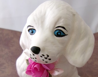 Ceramic Dog with blue eyes and flower. Collectible figurine, Mom,friends, grandma gift. Gift for her