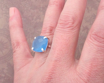 Blue Chalcedony Silver Rings: Modern Retro Design-Natural Gems-925 Sterling.