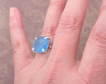 Blue Chalcedony rings, Modern retro design, Solid Sterling silver, Gem with pretty color and transparency.  Gift for her.