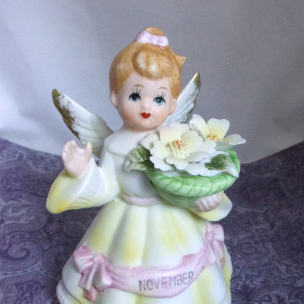 Vintage November Birthday Angel with flowers, 1970' Bisque Girl Angel. Collectible, Home decor.