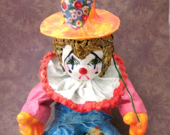 Vintage Paper Mache Clown, Clown carrying a large Squash/Green Pumpkin. Fall decor, Unique  figurine with vibrant colors.