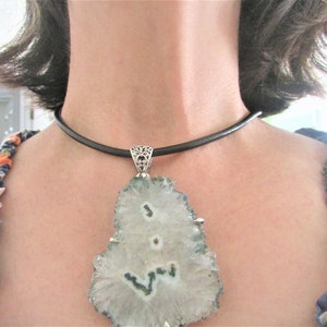 XL Aquamarine Druzy Pendant Necklace: Vintage Sterling Silver, Leather Cord
