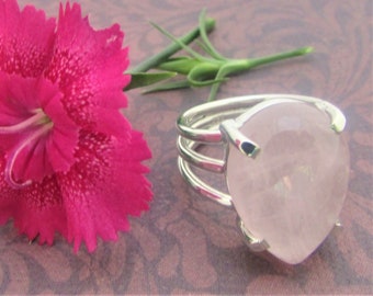 Rose quartz Puffy Heart Rings Size 7 & 9, Triple silver band, Genuine beautiful Gem, January birthstone. Gift for her.