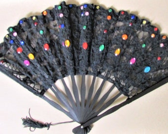 Folding fan with tassel, Hand fan, Women Cotton lace Fan, White beaded fan, Black beaded fan. Four season fans.  Gift for her.