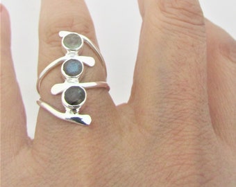 Triple Labradorite rings, Beautiful contemporary  design, 925 sterling silver. Lightweight rings, Gift for her.