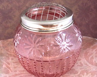 Vintage ASP Pressed Glass Vase With Wire Frog on Lid. Beautiful Floral Pink Rose round Bowl. Gift for Her.