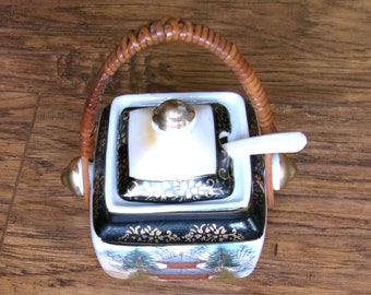 Vintage lidded Japanese jam pot with spoon and bamboo handle. Collectible, Gift for her.