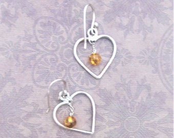 Silver hearts earrings. Amber drops, Artist design. 925 sterling silver. Dainty earrings. Gift for her.