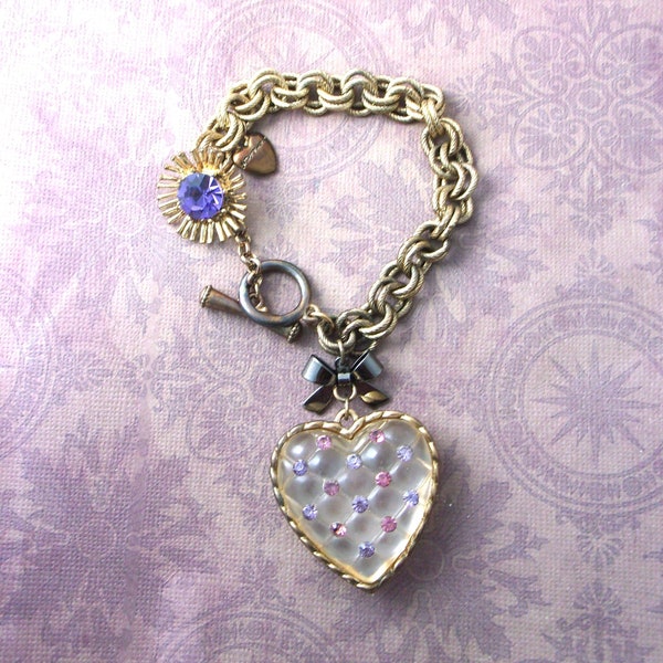Betsey Johnson Bracelet Lucite Heart Cushion Cut Purple Crystal tzarina Princess. Gift for her.