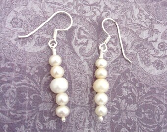 Silver and White Pearl Earrings, 1.55" Tall/Drops, Hand crafted-Natural Gems beautiful and Elegant. Gift for Her