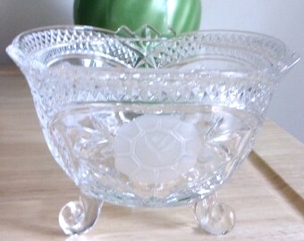 Vintage Footed Glass Bowl with Etched Roses 6"dia, Candy Dish- Table/Desk Decor. Gift for Her.